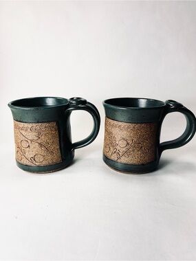 2 Handcrafted Pottery Mugs by Lynne Deep Teal Green Glaze Floral Etched Detail